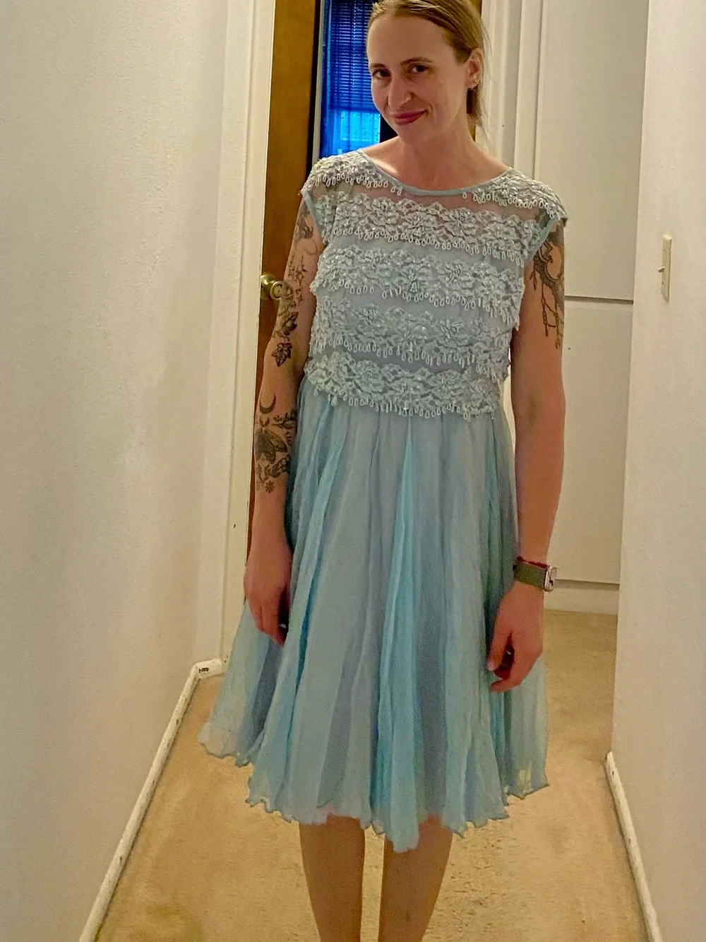 TRUE VINTAGE Miss ElliLight Blue Beaded Lace & Chiffon Fit-and-Flare Dress